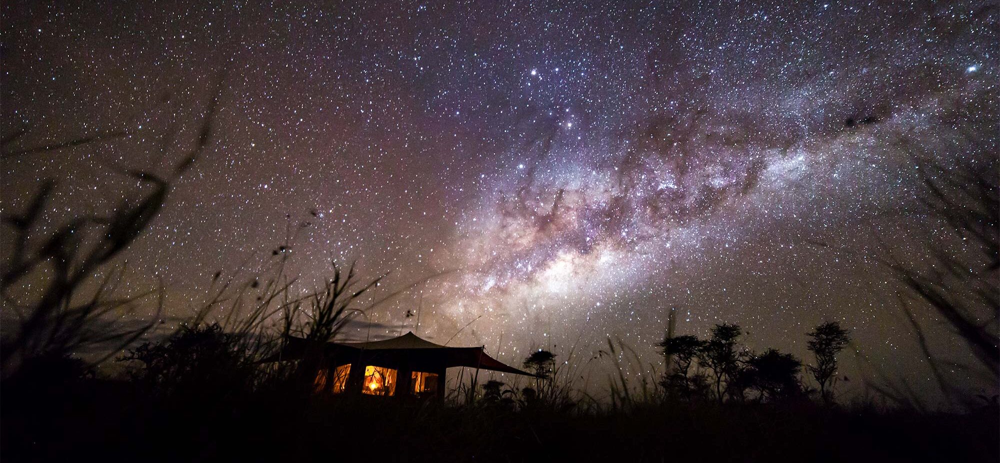 Roving tent lit from the inside under a clear starry night