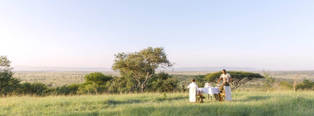 A man serving a couple breakfast in the grass