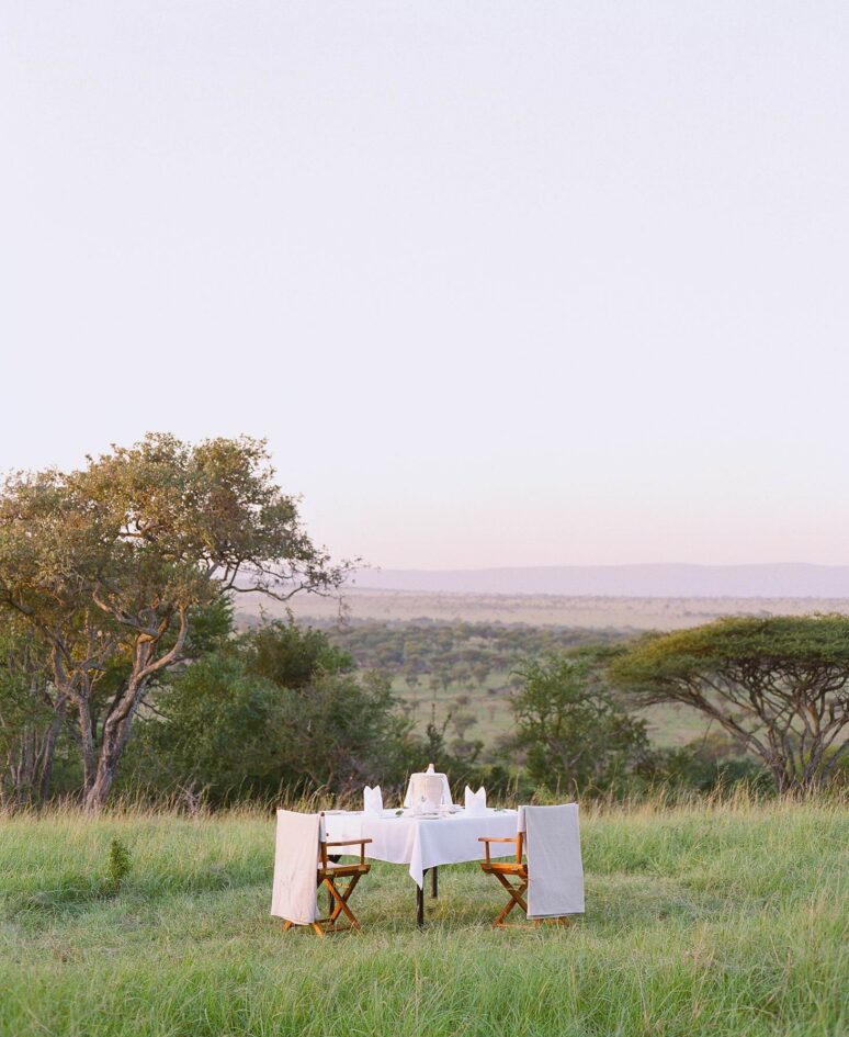 A set breakfast table in the grass